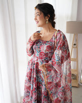 Maroon Color Floral Printed Pure Organza Soft Silk Anarkali
